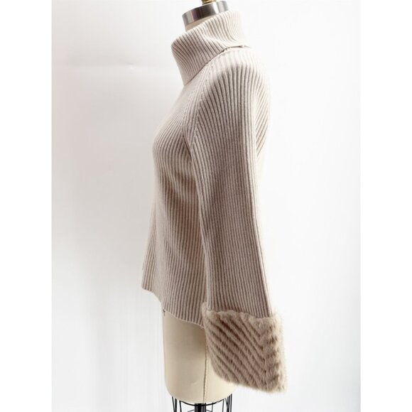 RAIN AND ROSE Beige Neutral Faux Fur Cuff Turtleneck Sweater - Picture 4 of 9